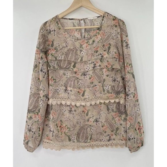 Pleione Brown Floral Crocheted Tiered Pullover Long Sleeve Blouse Top Size Small - Picture 1 of 8